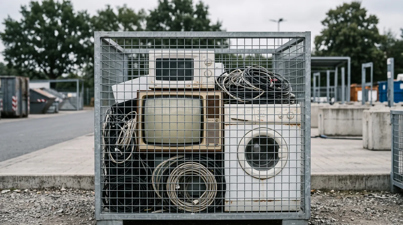 Alte Elektrogeräte in einer Gitterbox an der Sammelstelle