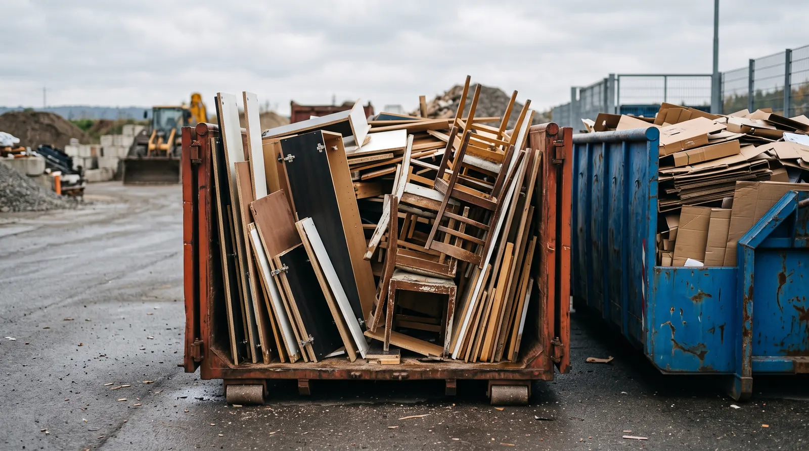 Holz und alte Möbelteile getrennt im Container