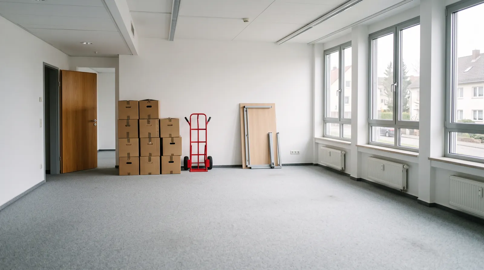 Leergeräumtes Büro mit gestapelten Umzugskartons