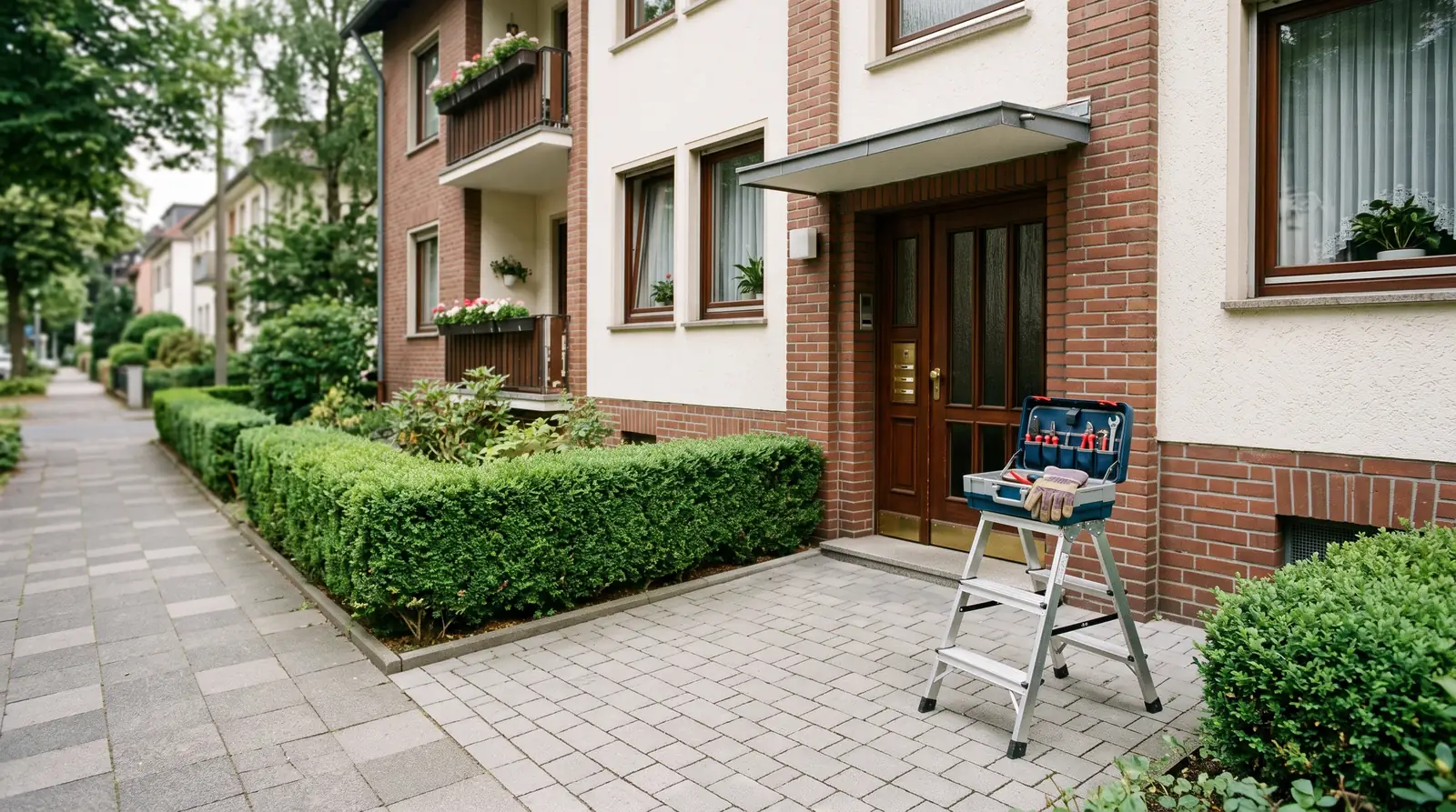Gepflegter Hauseingang mit Werkzeugkoffer und Trittleiter