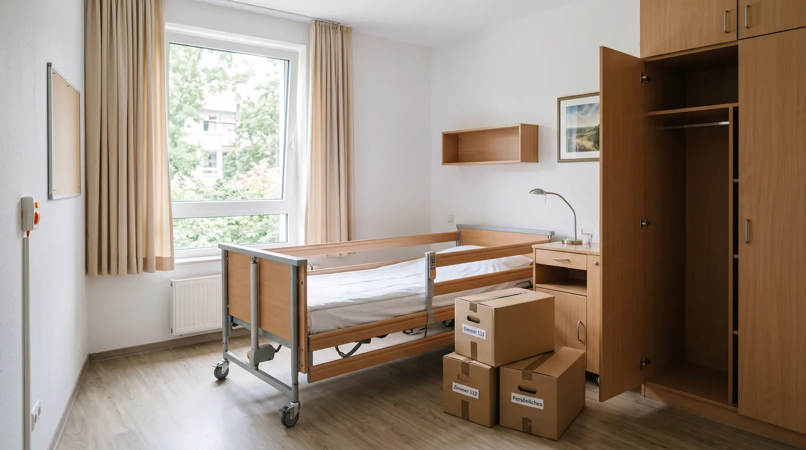 Helles Zimmer im Pflegeheim mit Pflegebett vor der Räumung