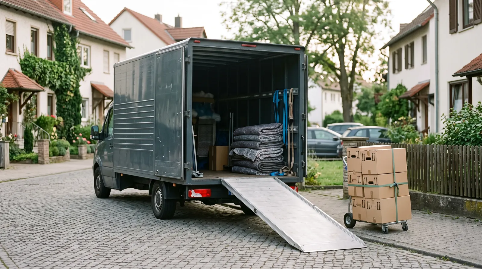 Umzugskartons und Möbel bereit für den Transport